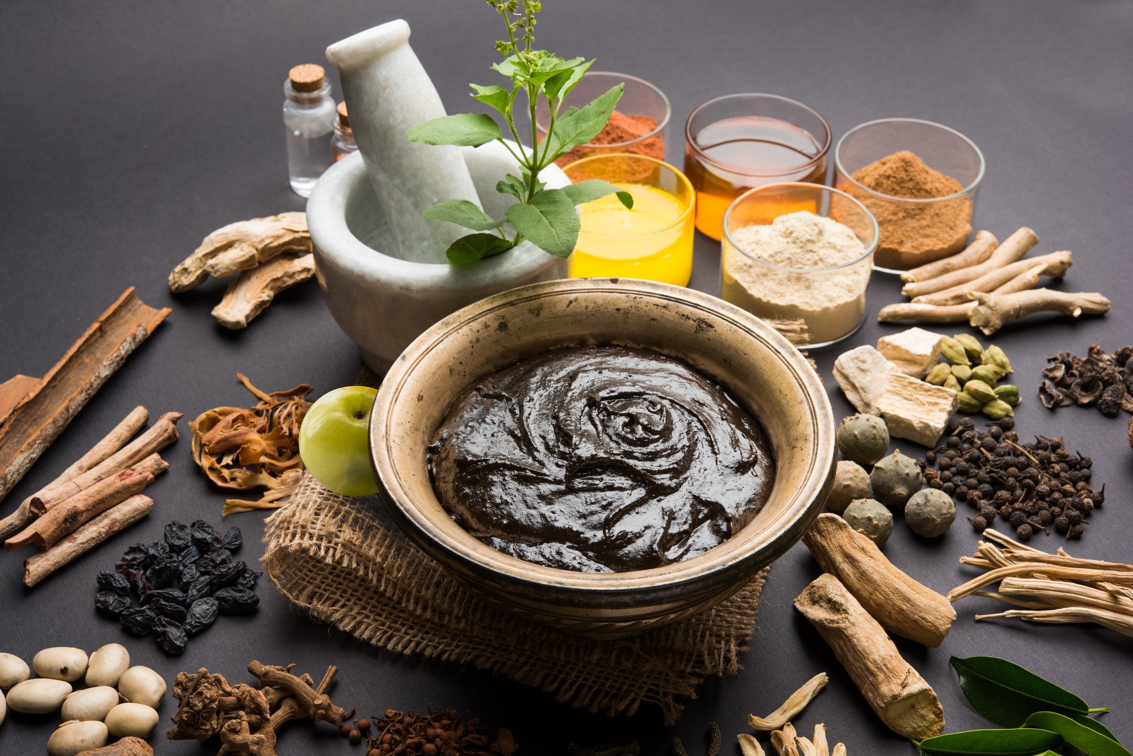 Indian Ayurvedic dietary supplement called Chyawanprash / chyavanaprasha  is a cooked mixture of sugar, honey, ghee, Indian Gooseberry (amla), jam, sesame oil, berries, herbs and various spices